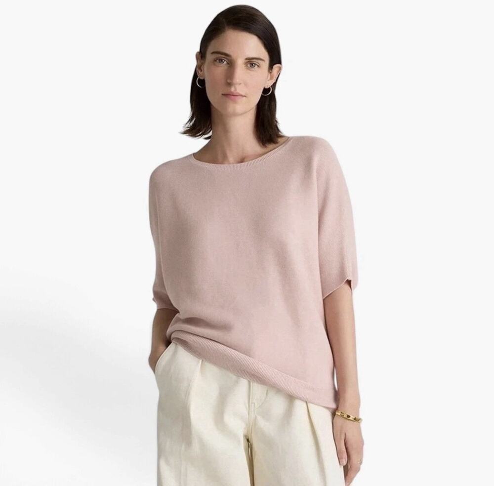 NWT Quince Lightweight Cotton Cashmere Link Stitch Dolman Sweater Sugar Stone Md
